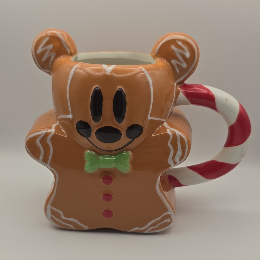 Disney Mickey Mouse Gingerbread Cookie Ceramic Mug Candy Cane Handle